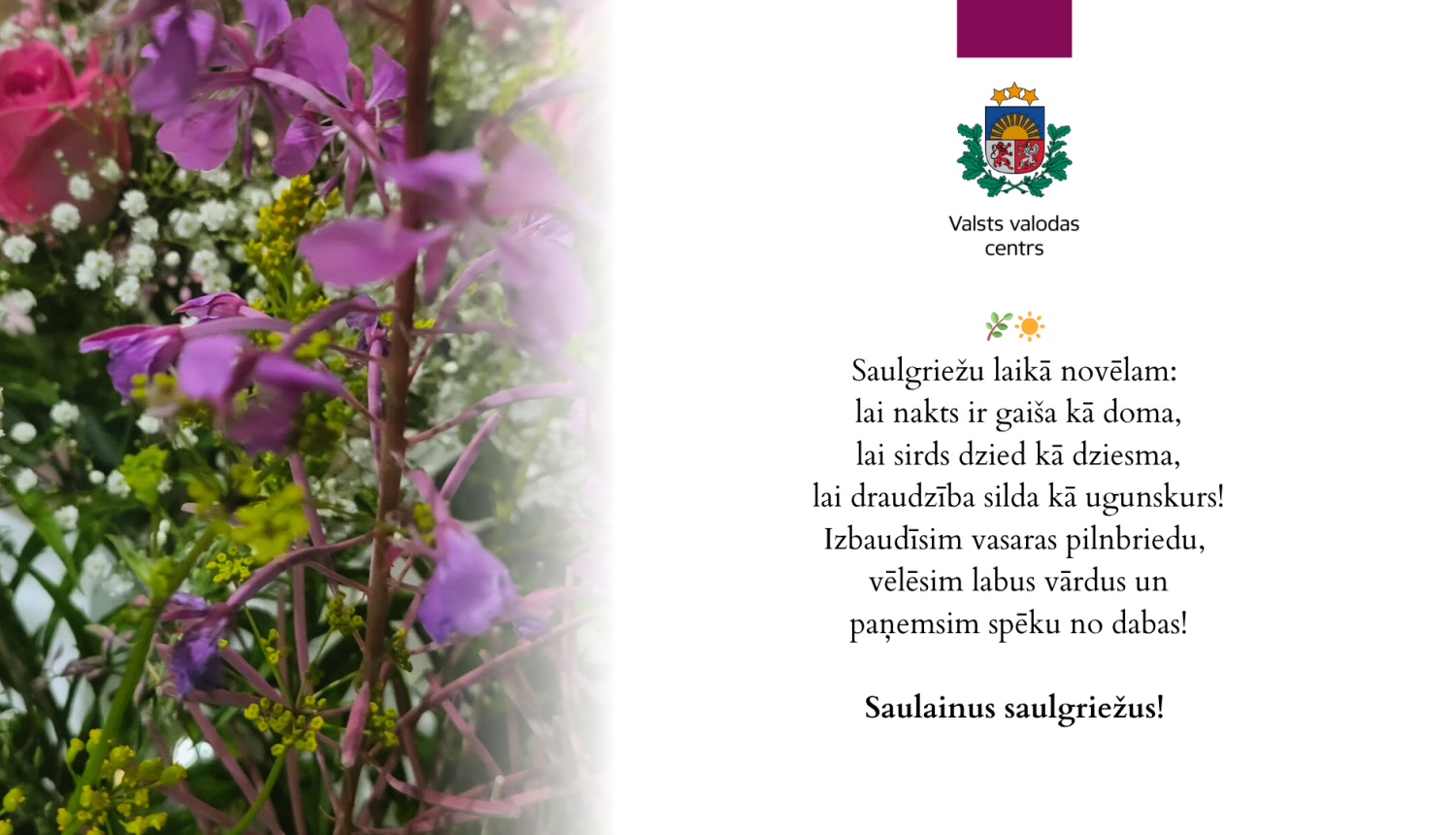 Valsts valodas centra sveiciens saulgriežos ar dzejisku novēlējumu un ziedu attēlu. Tekstā rakstīts: 'Saulgriežu laikā novēlam: lai nakts ir gaiša kā doma, lai sirds dzied kā dziesma, lai draudzība silda kā ugunskurs! Izbaudīsim vasaras pilnbriedu, vēlēsim labus vārdus un paņemsim spēku no dabas!  Saulainus saulgriežus!