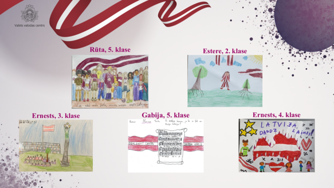 attēlā redzams Valsts valodas centra noformēts plakāts ar bērnu zīmējumiem, kas uzvarējuši konkursā. augšējā daļā ir stilizēta sarkanbaltsarkana lente un VVC logo. centrā un apakšā izvietoti piecu skolēnu zīmējumi ar norādi uz vārdu un klasi: Rūta (5. klase) ar cilvēku grupu pie sarkanbaltsarkanā karoga, Estere (2. klase) ar meiteni tautastērpā meža ainavā, Ernests (3. klase) ar Brīvības pieminekli un karogu stadionā, Gabija (5. klase) ar Latvijas himnas notīm uz karoga fona, un Ernests (4. klase) ar krāsai