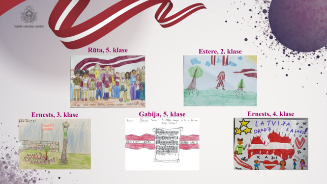 attēlā redzams Valsts valodas centra noformēts plakāts ar bērnu zīmējumiem, kas uzvarējuši konkursā. augšējā daļā ir stilizēta sarkanbaltsarkana lente un VVC logo. centrā un apakšā izvietoti piecu skolēnu zīmējumi ar norādi uz vārdu un klasi: Rūta (5. klase) ar cilvēku grupu pie sarkanbaltsarkanā karoga, Estere (2. klase) ar meiteni tautastērpā meža ainavā, Ernests (3. klase) ar Brīvības pieminekli un karogu stadionā, Gabija (5. klase) ar Latvijas himnas notīm uz karoga fona, un Ernests (4. klase) ar krāsai
