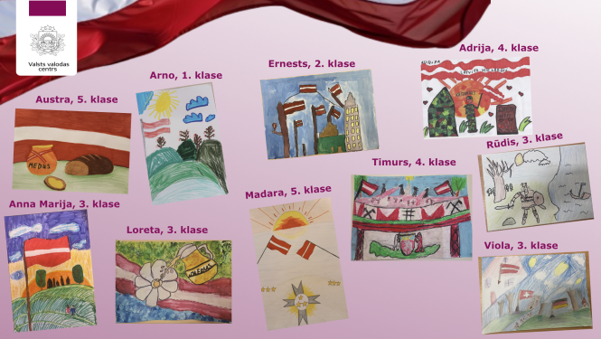 ērnu zīmējumi ar Latvijas karogiem, dabu un patriotiskiem simboliem. Pie katra darba norādīts skolēna vārds un klase – piemēram, Austra, 5. klase, Anna Marija, 3. klase, Ernests, 2. klase, u.c.
