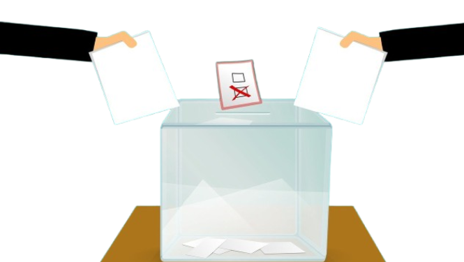 Ilustrācija ar caurspīdīgu vēlēšanu urnu, kurā cilvēki iemet balsošanas zīmes. Viena no zīmēm redzama ar atzīmētu izvēles lodziņu.