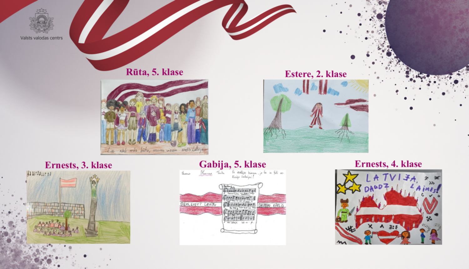 attēlā redzams Valsts valodas centra noformēts plakāts ar bērnu zīmējumiem, kas uzvarējuši konkursā. augšējā daļā ir stilizēta sarkanbaltsarkana lente un VVC logo. centrā un apakšā izvietoti piecu skolēnu zīmējumi ar norādi uz vārdu un klasi: Rūta (5. klase) ar cilvēku grupu pie sarkanbaltsarkanā karoga, Estere (2. klase) ar meiteni tautastērpā meža ainavā, Ernests (3. klase) ar Brīvības pieminekli un karogu stadionā, Gabija (5. klase) ar Latvijas himnas notīm uz karoga fona, un Ernests (4. klase) ar krāsai