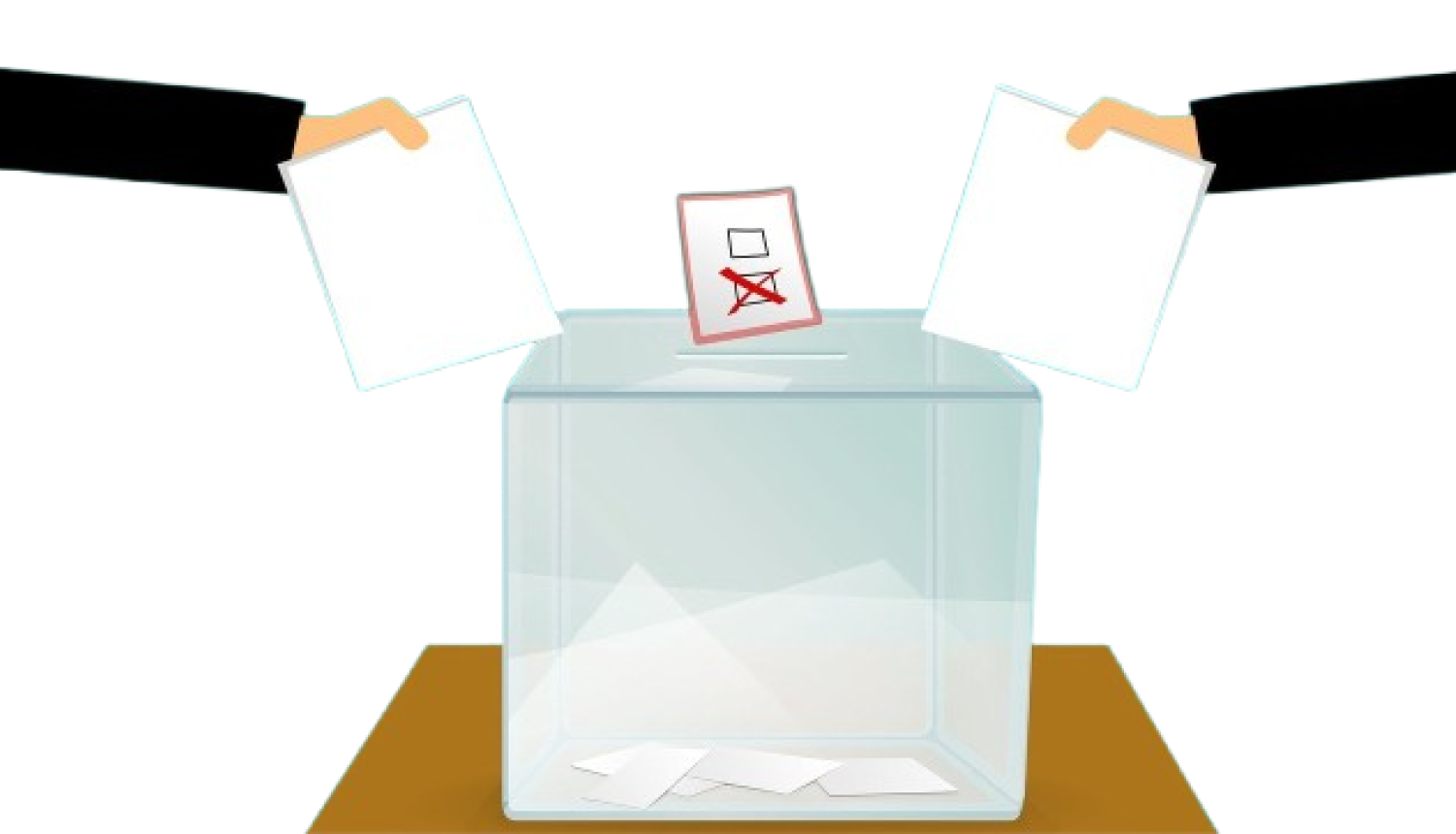 Ilustrācija ar caurspīdīgu vēlēšanu urnu, kurā cilvēki iemet balsošanas zīmes. Viena no zīmēm redzama ar atzīmētu izvēles lodziņu.