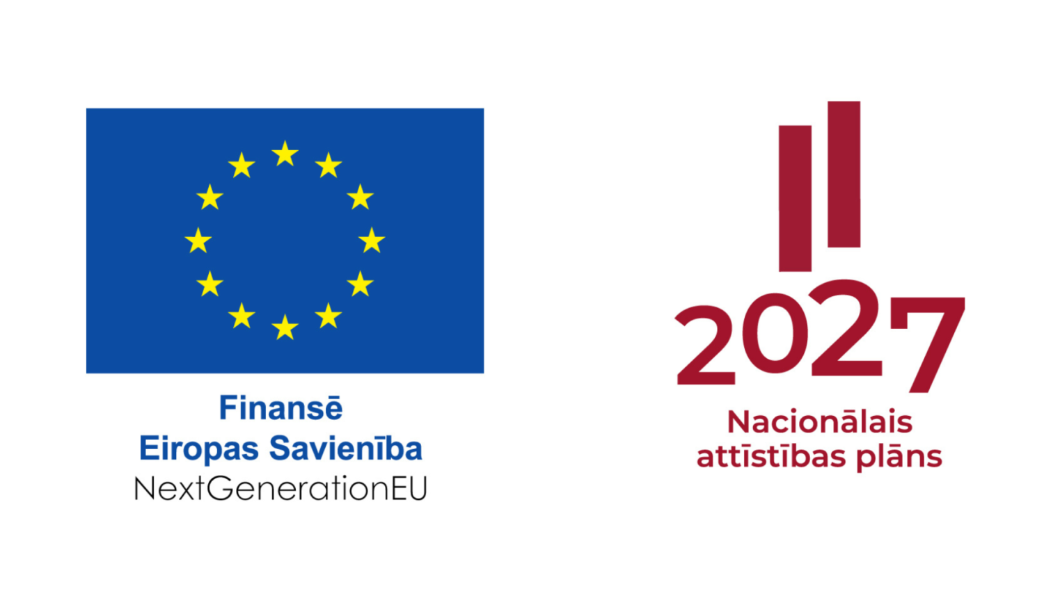 Eiropas Savienības karogs ar tekstu “Finansē Eiropas Savienība NextGenerationEU” un labajā pusē uzraksts “2027 Nacionālais attīstības plāns”.